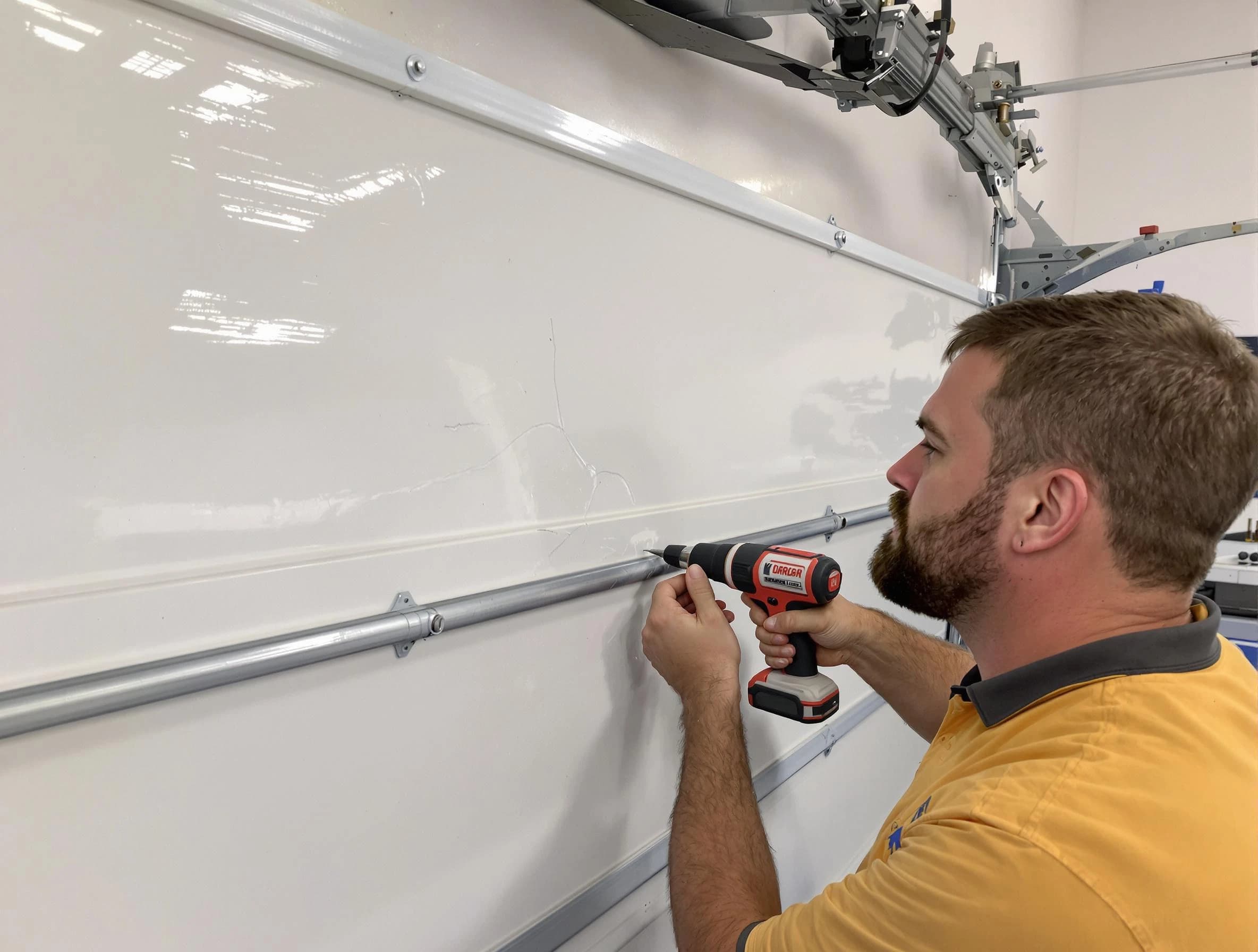Hudson Garage Door Repair expert performing dent repair on garage door in Hudson