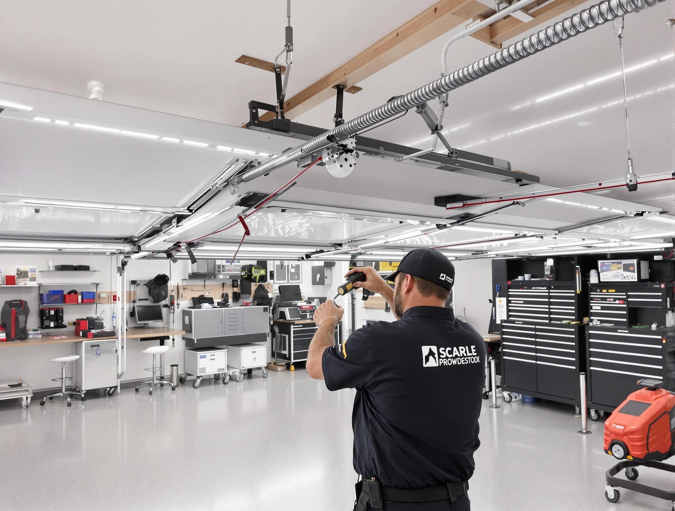 Hudson Garage Door Repair technician repairing overhead garage door in Hudson