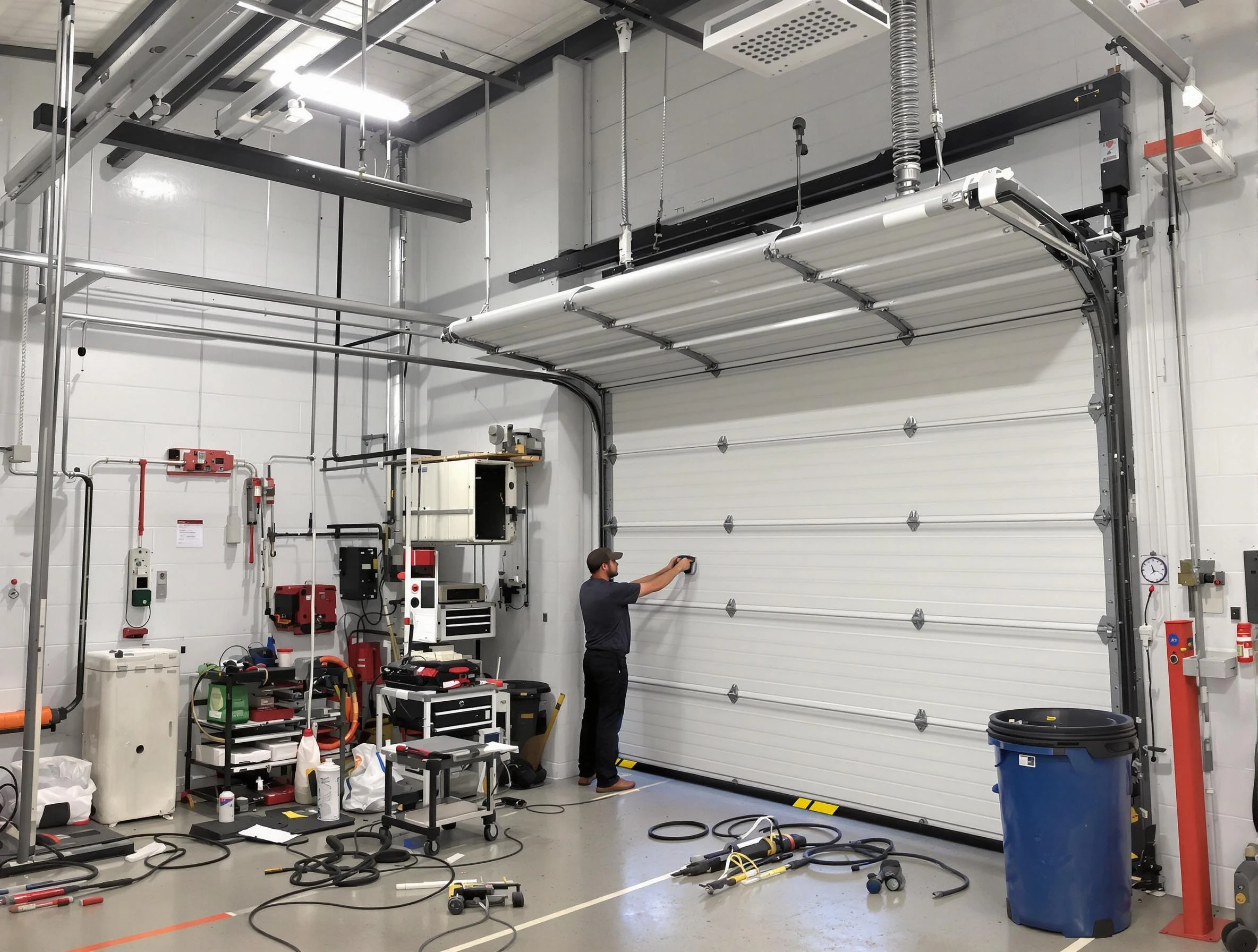 Hudson Garage Door Repair certified technician performing commercial door repair at a Hudson business facility