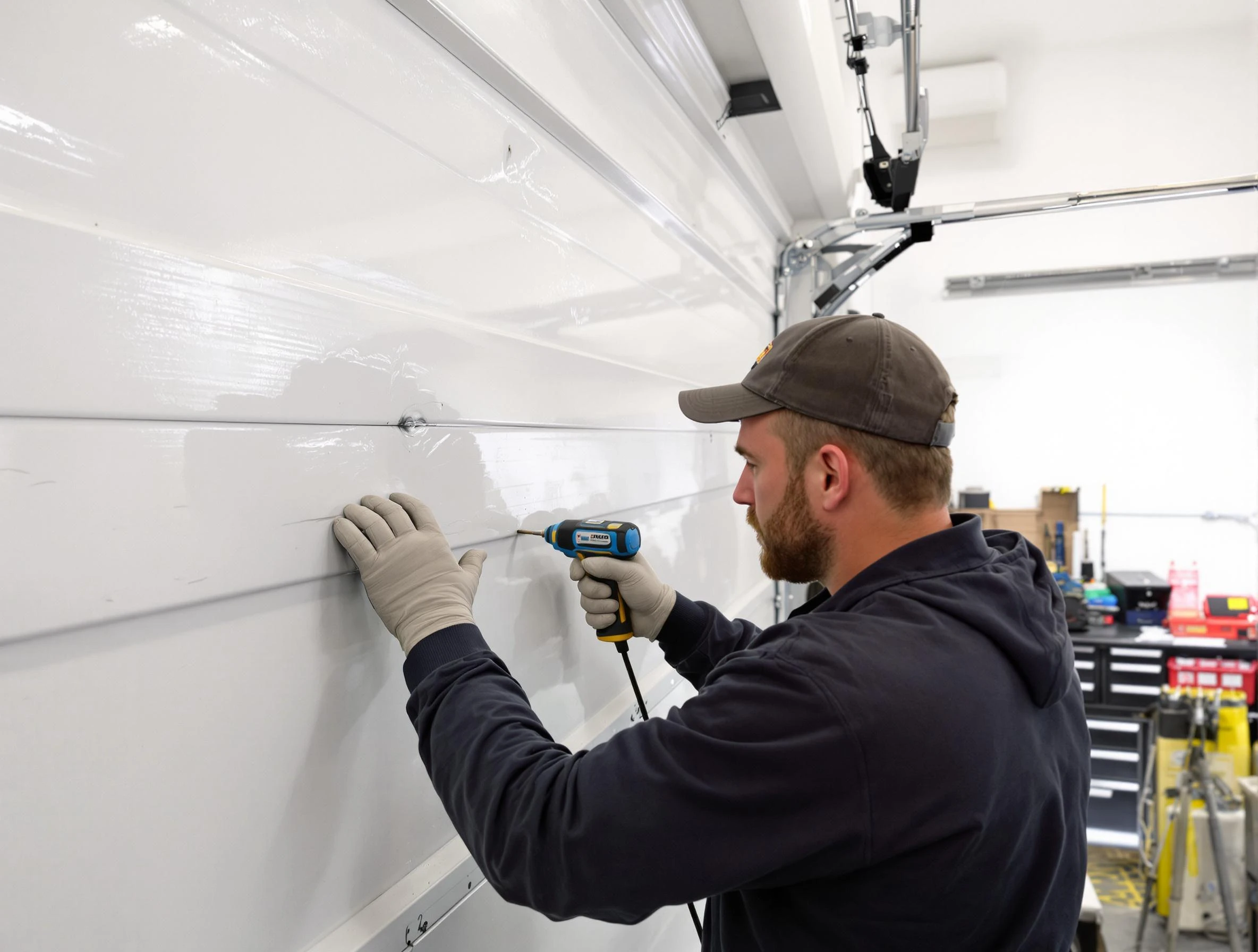 Hudson Garage Door Repair technician demonstrating precision dent removal techniques on a Hudson garage door